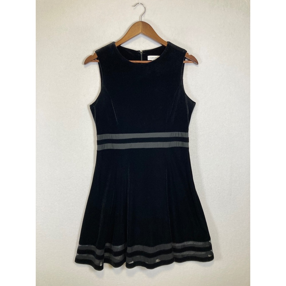 Gothic Holiday Calvin Klein Women 10P Black Velvet‎ Mesh Stripe Fit Flare Dress